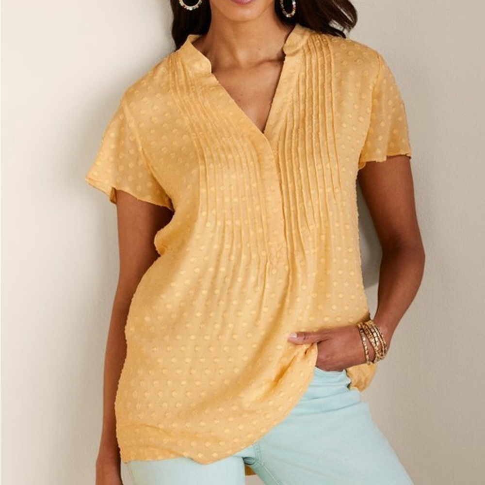 Soft Surroundings Womens Offshort Top Size 1X Yellow Flowy Pleated Peasant Boho